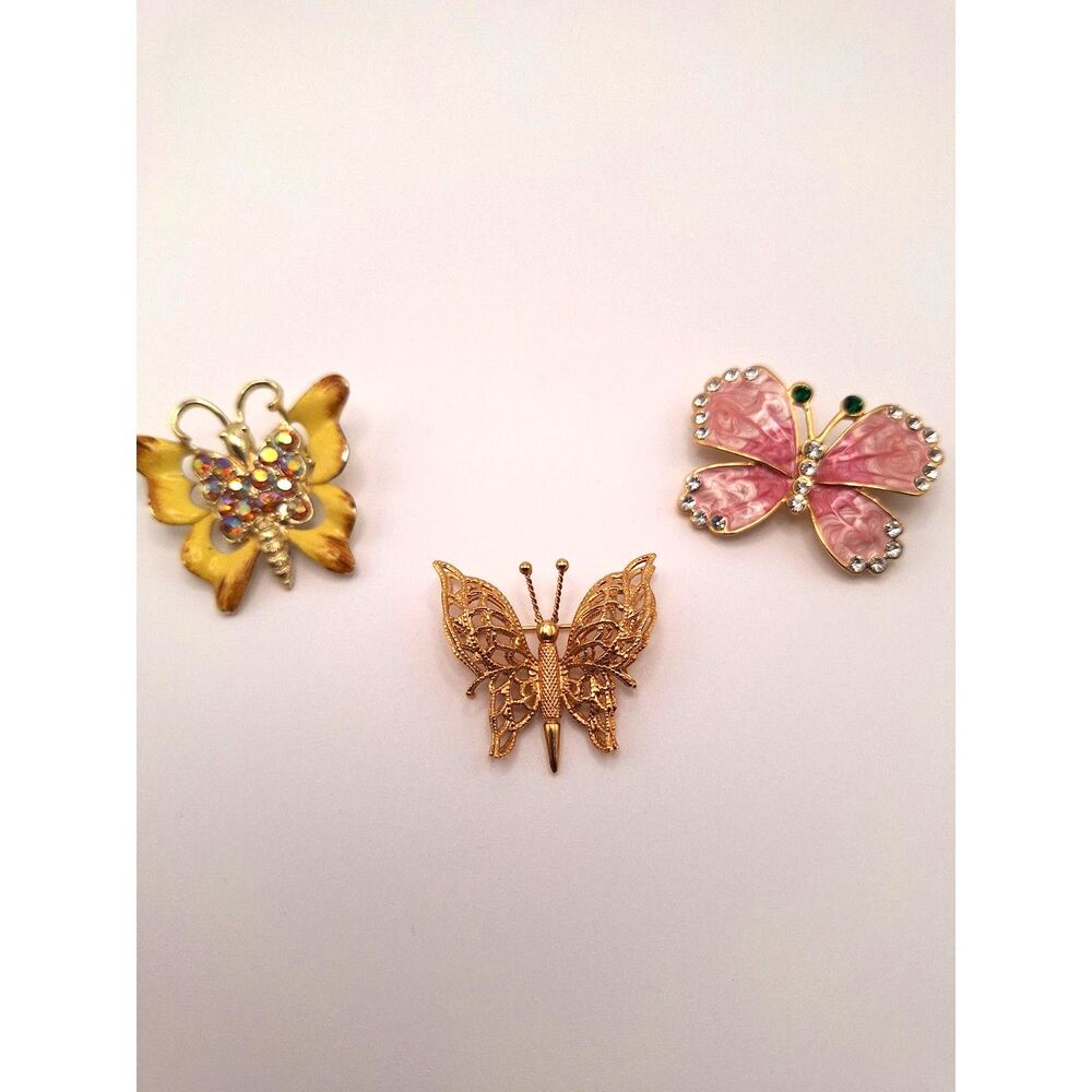Vintage butterfly brooch set Monet rhinestones pink yellow enamel mid century